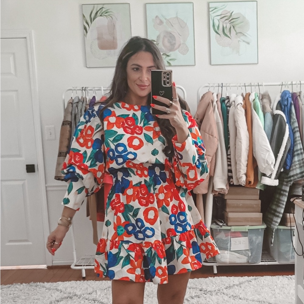 Simplee multicolor printed balloon sleeves mini dress